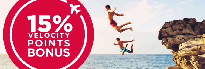 Velocity 15% Points Bonus Kids jumping off a rock into the ocean with a 15% Velocity points bonus icon over the top