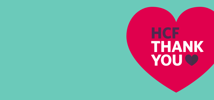 Red heard on a green background with HCF thank you in the heart