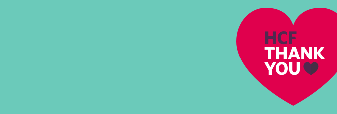 HCF thank you Red heard on a green background with HCF thank you in the heart