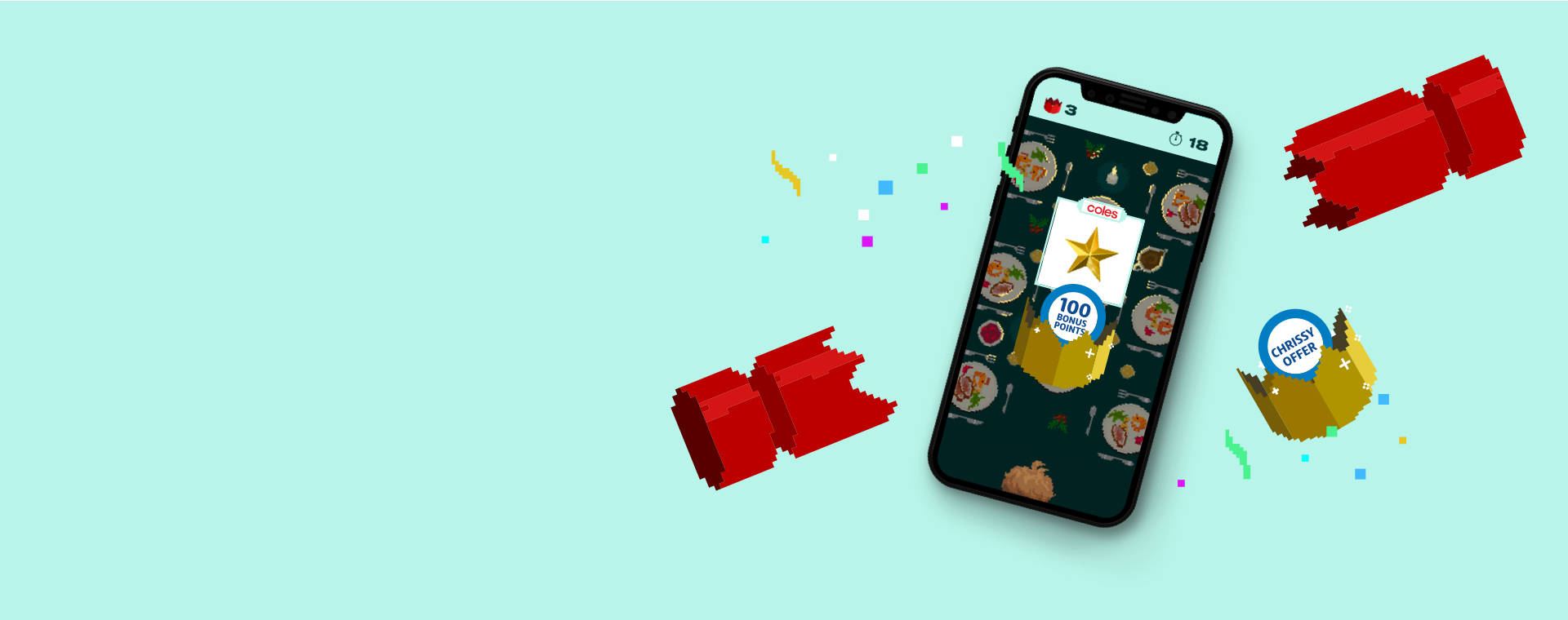 Flybuys app with Shake 'n' Shop on the screen with a Christmas cracker breaking around it