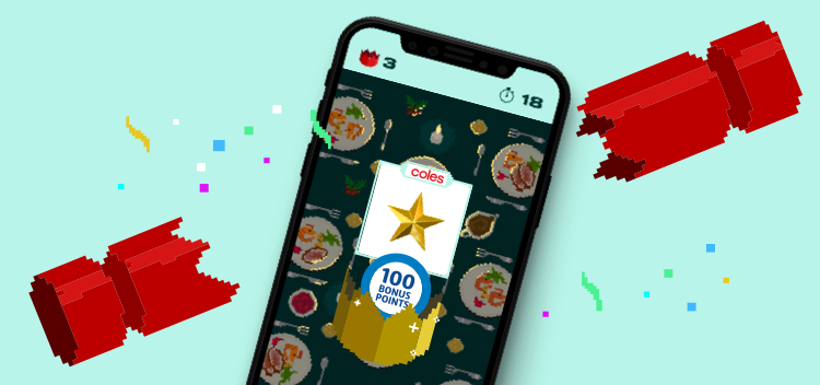 Flybuys app with Shake 'n' Shop on the screen with a Christmas cracker breaking around it