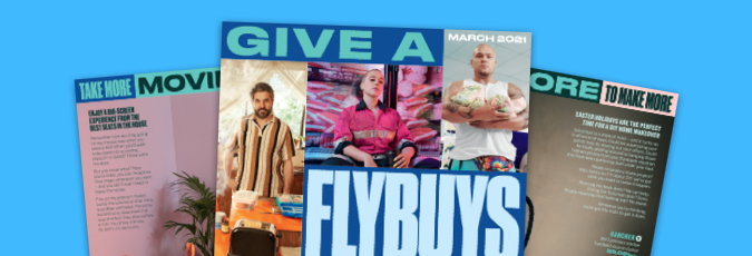 Open Flybuys magazine on a blue background.