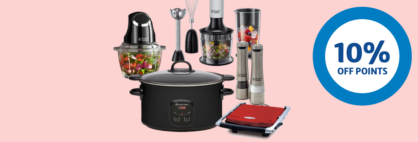 Get 10% off points on all Russell Hobbs rewards A range of Russell Hobbs branded small appliances against a pink background
