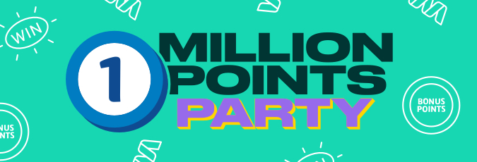 WIN a cool one million point, on us Text: 1 million points party on a green background