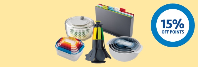 Get 15% off points on all Joseph Joseph rewards A range of Joseph Joseph products set against a light yellow background with a roundel that says 15% off points