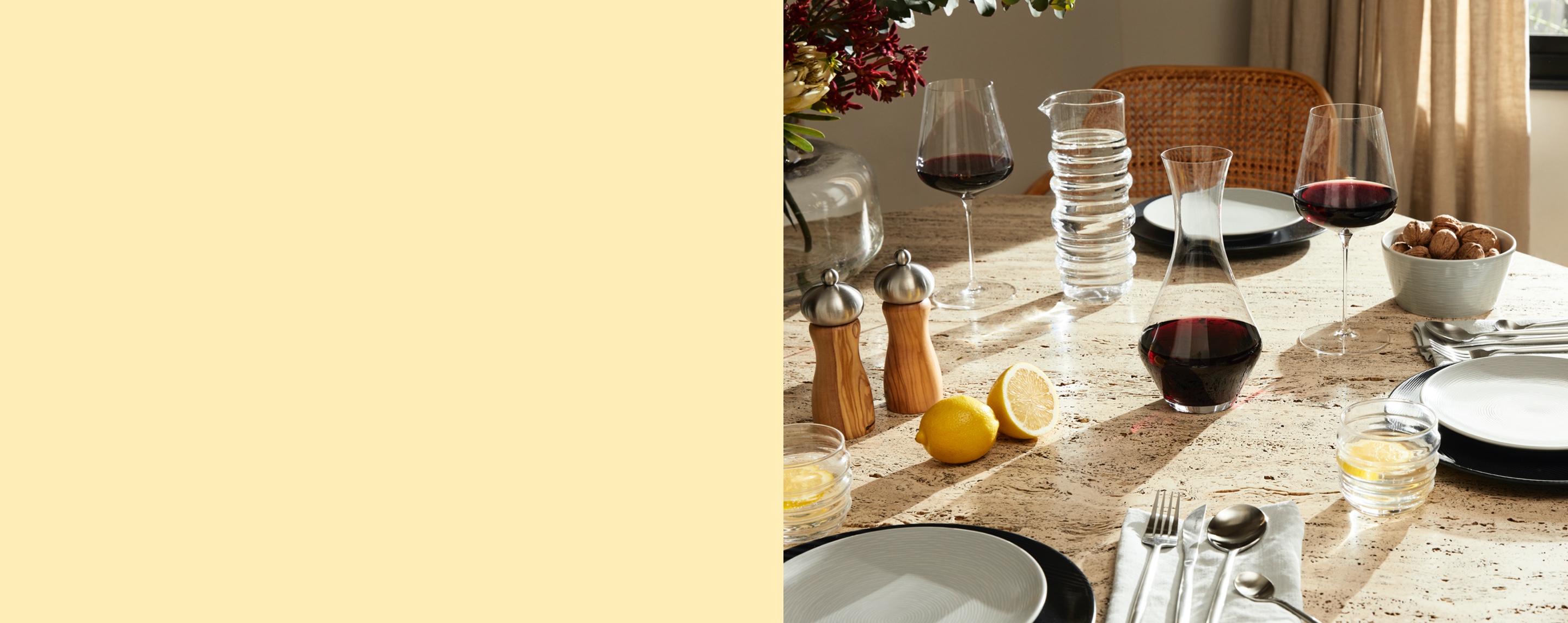 A range of dining and homeware products set on a dining table