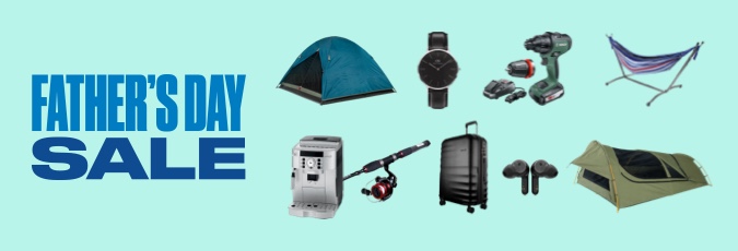 Take more for your #1 man A range of products and text "Father's Day Sale" against a sky blue background