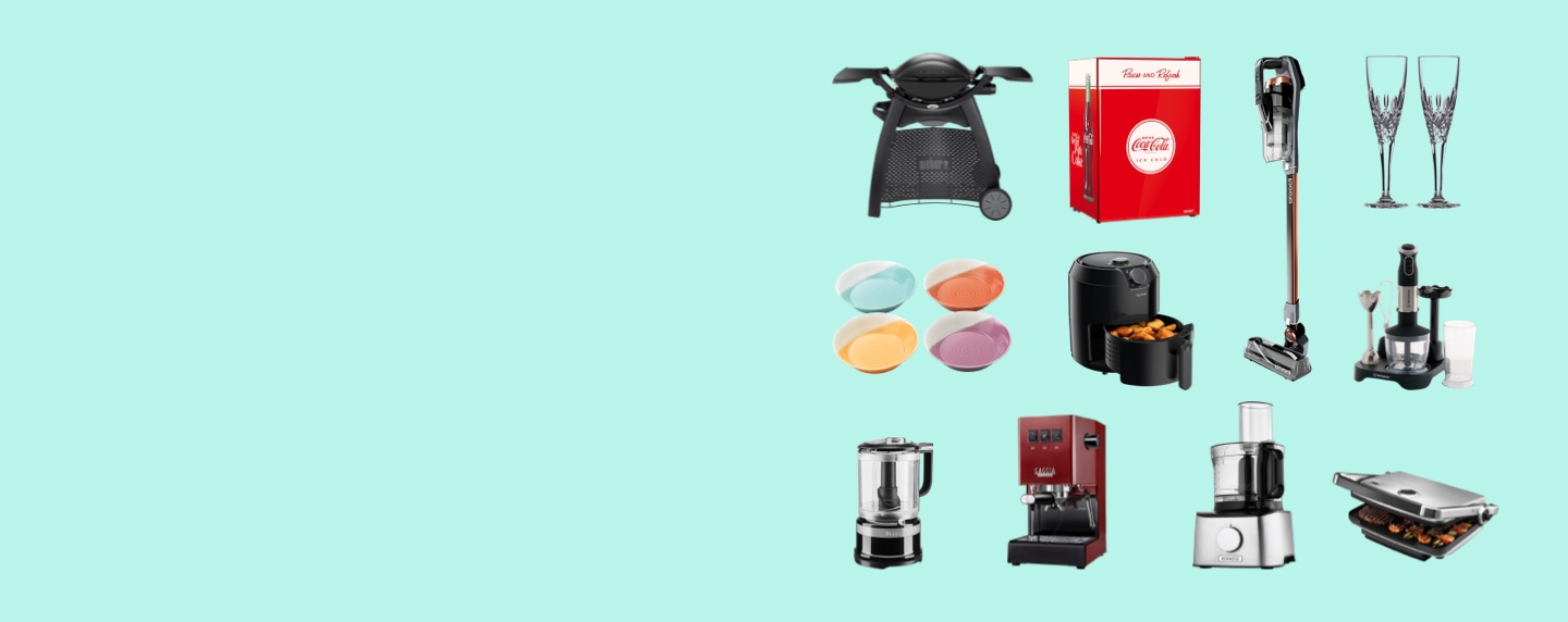 A range of spring sale products arranged on a turquoise background