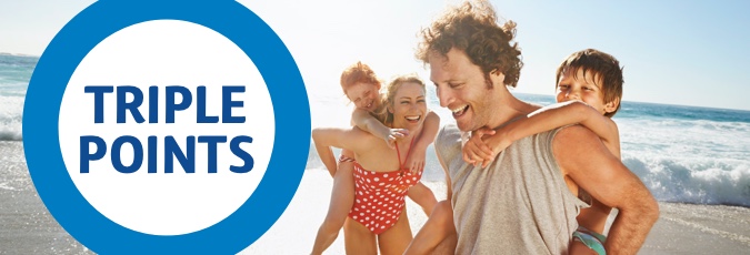 Collect triple points on all escapes with Flybuys travel Image of a European family at the beach with a Triple Points roundel.