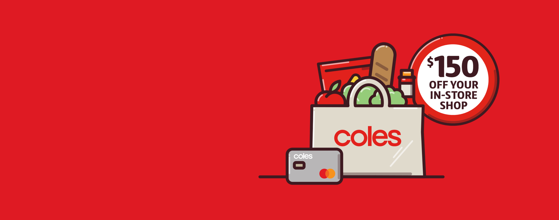 Cartoon image of a bag of Coles groceries against a red background 