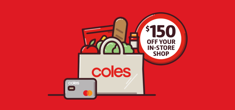 Cartoon image of a bag of Coles groceries against a red background 