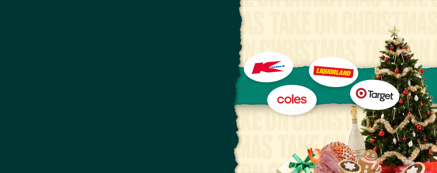 Logos of Kmart, Liquorland, Target and Coles with a Christmas tree behind them