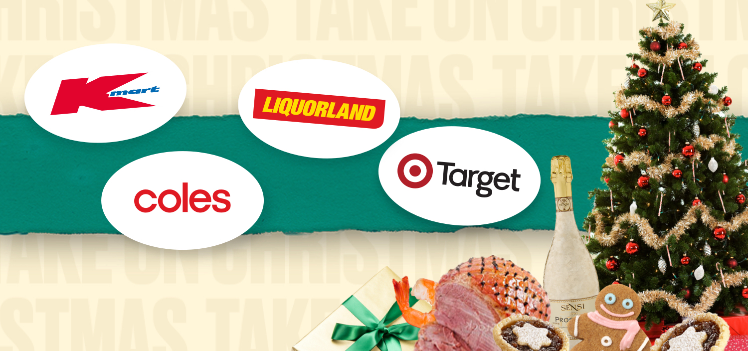 Logos of Kmart, Liquorland, Target and Coles with a Christmas tree behind them