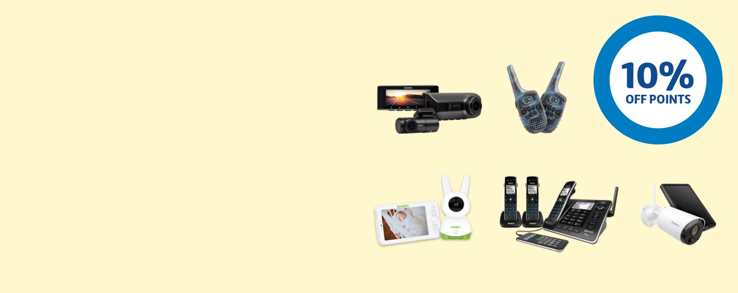 A range of Uniden products set against a yellow background.
