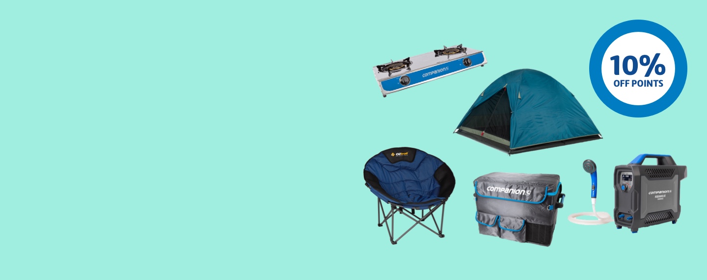 A range of camping products against a mint green background