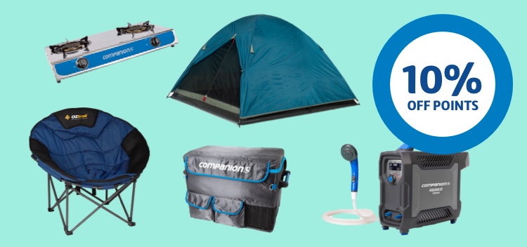 A range of camping products against a mint green background