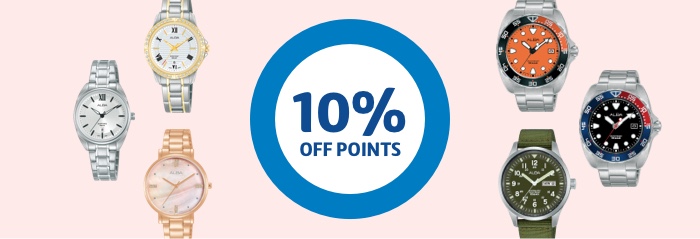 Get 10% off points on all Alba Rewards A series of watches against a pink background with a 10% off rewards roundel