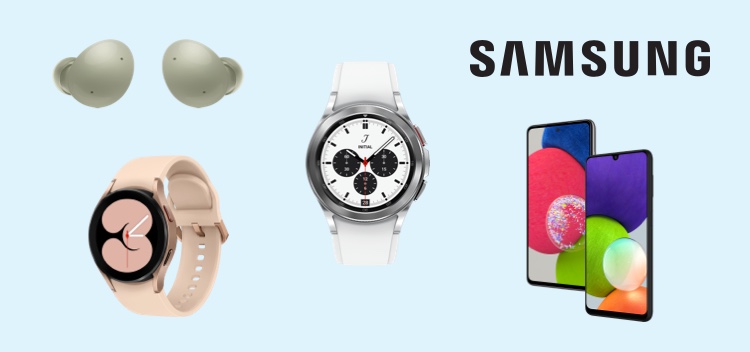 A range of Samsung products against a sky blue background