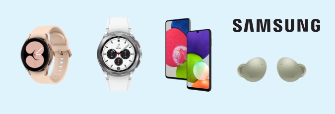 NEW REWARDS FROM SAMSUNG A range of Samsung products against a sky blue background