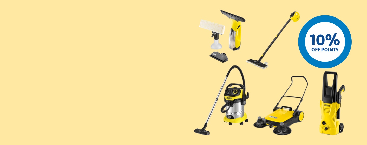 A collection of yellow Karcher products against a yellow background