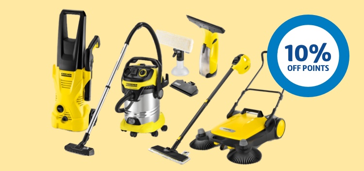 A collection of yellow Karcher products against a yellow background