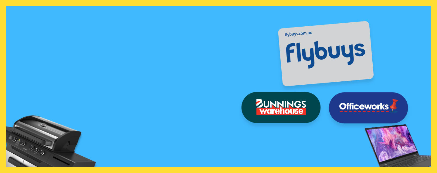 Flybuys card next to Bunnings Warehouse and Officeworks logos
