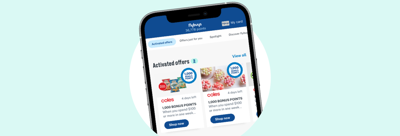 The Flybuys app on a mobile phone screen against a blue background