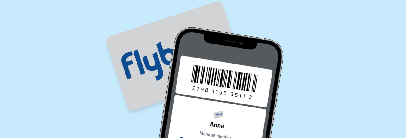 Scan your Flybuys card every time you checkout Flybuys card and mobile phone on a blue background