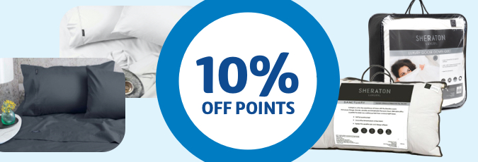 Get 10% off points on all Sheraton rewards A range of Sheraton products against a sky blue background