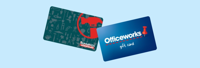 Shop Bunnings Warehouse and Officeworks gift cards Image of a Bunnings and an Officeworks gift card
