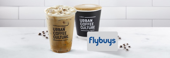 Enjoy every 6th Coffee FREE at Coles Express! Two cups of coffee on a white table with a Flybuys card.