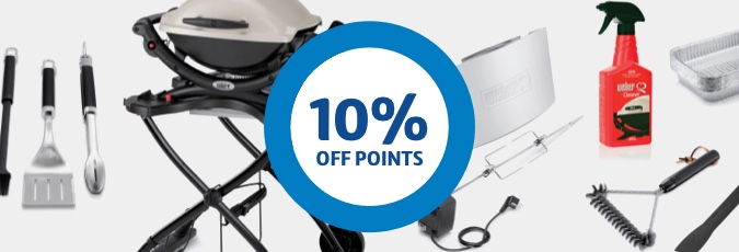 Get 10% off points on all Weber rewards A range of Weber branded products on a grey background