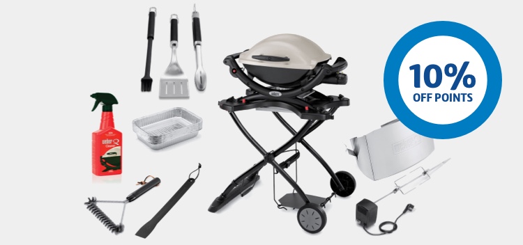 A range of Weber branded products on a sky blue background