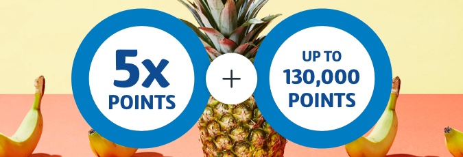 HCF 5x points April 2022 Bananas and pineapple on yellow and peach background. Flybuys 5x points and Flybuys up to 130,000 points roundels in forefront.
