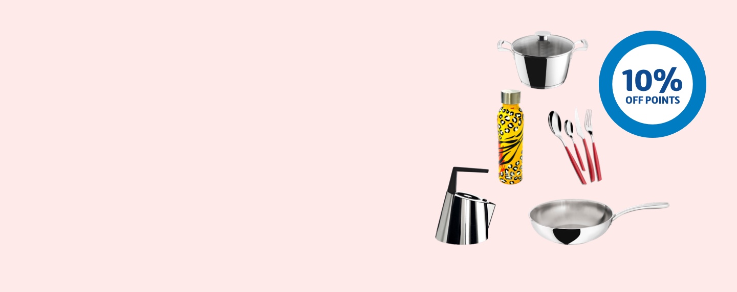 Pink background with yellow leopard print stainless steel bottle, stainless steel kettle and saucepans and red handled cutlery 