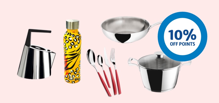 Pink background with yellow leopard print stainless steel bottle, stainless steel kettle and saucepans and red handled cutlery 