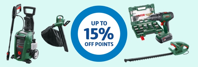 Get 10% off points on all BOSCH Rewards A range of Bosch branded power tools against a blue background