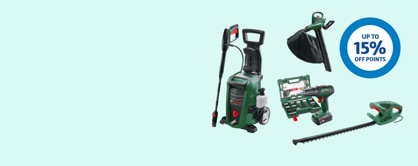 A range of Bosch branded power tools against a blue background