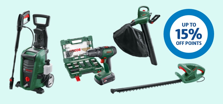 A range of Bosch branded power tools against a blue background