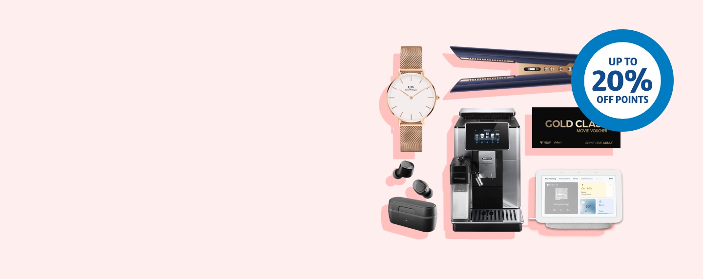 Pale pink background with gold ladies watch, navy and gold hair straightener, wireless black ear buds, a black and silver coffee machine, black and gold movie ticket for gold class, white tablet.