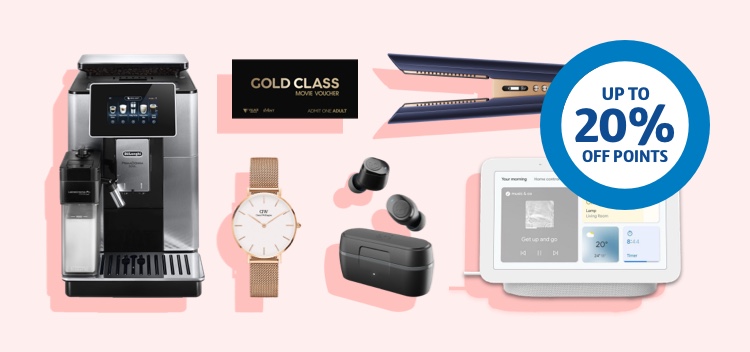 Pale pink background with gold ladies watch, navy and gold hair straightener, wireless black ear buds, a black and silver coffee machine, black and gold movie ticket for gold class, white tablet.
