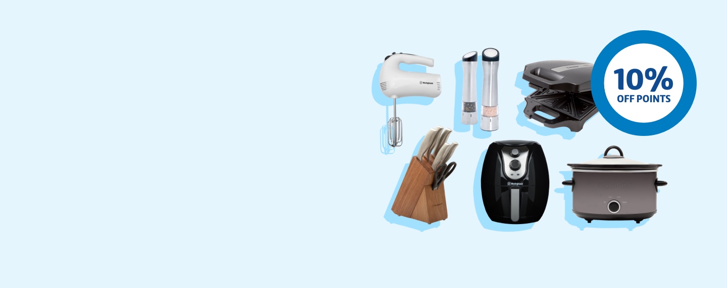 On a light blue background lay 6 Westinghouse appliances and the 10% off points ring