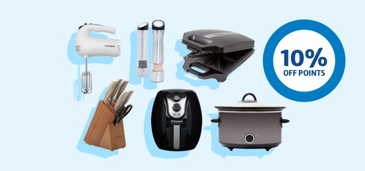 On a light blue background lay 6 Westinghouse appliances and the 10% off points ring