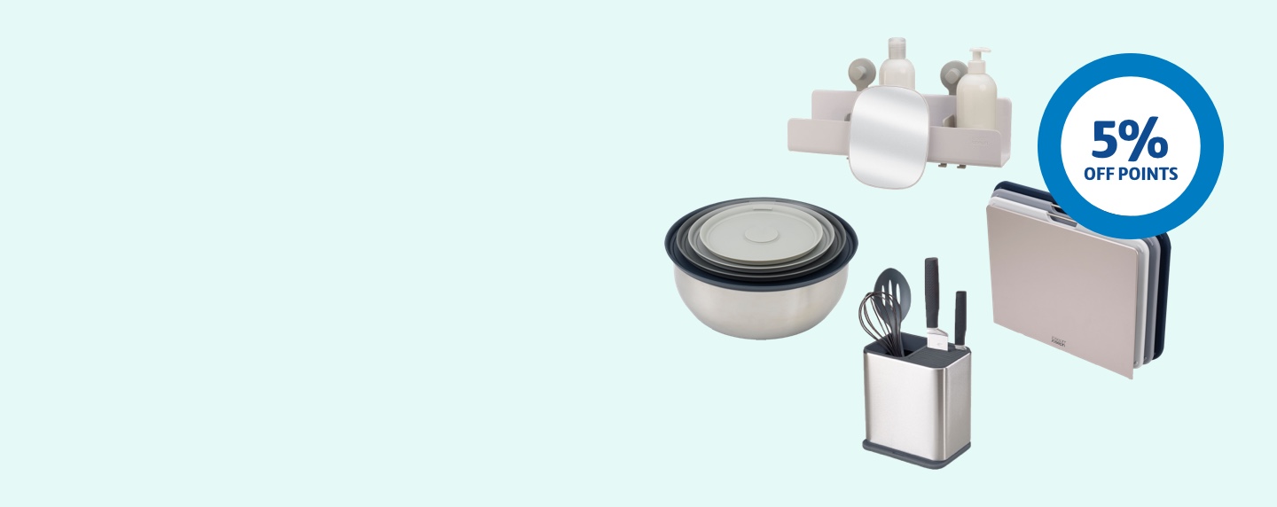 Joseph Joseph products on a light blue background with a discount ring