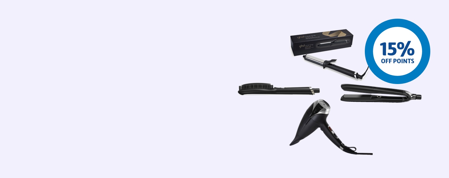 ghd hair products next to a 15% off points ring