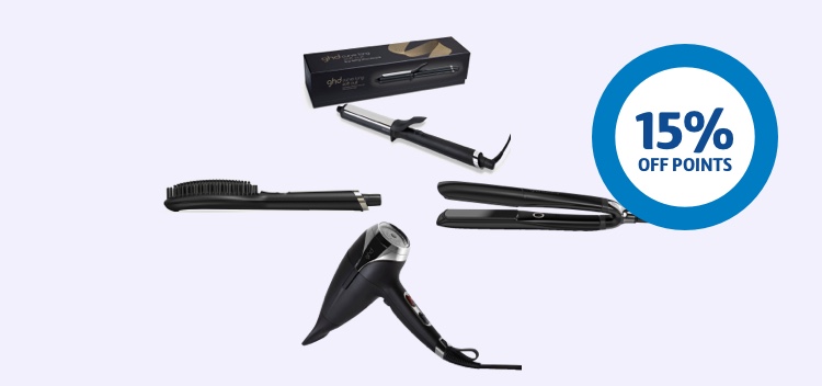 ghd hair products next to a 15% off points ring