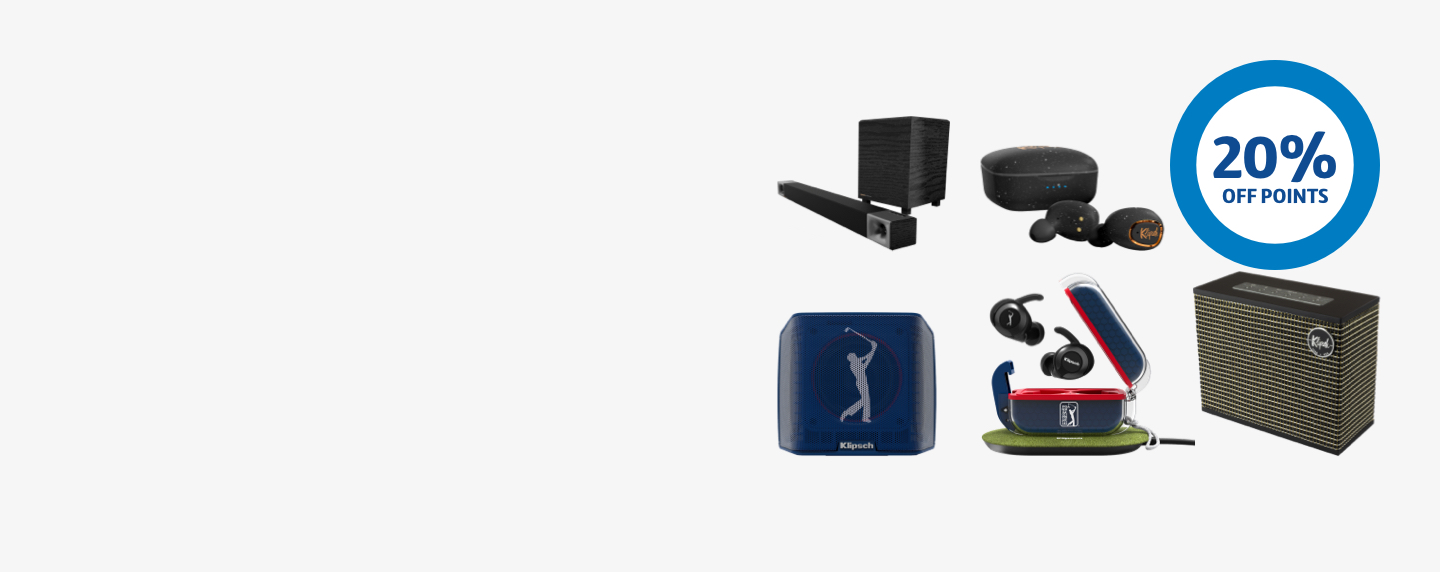 Klipsch electronics next to a 20% off points ring