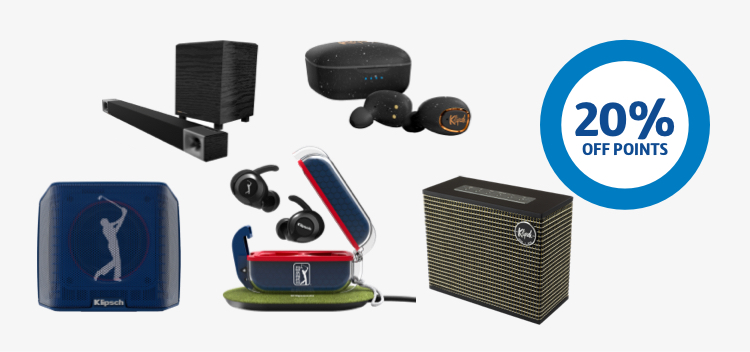Klipsch electronics next to a 20% off points ring