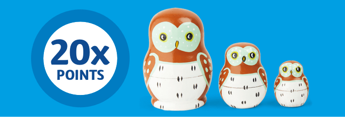 Exclusive points offer with Kleenheat A trio of owl figurines lined up from largest to smallest next to 20x points circle