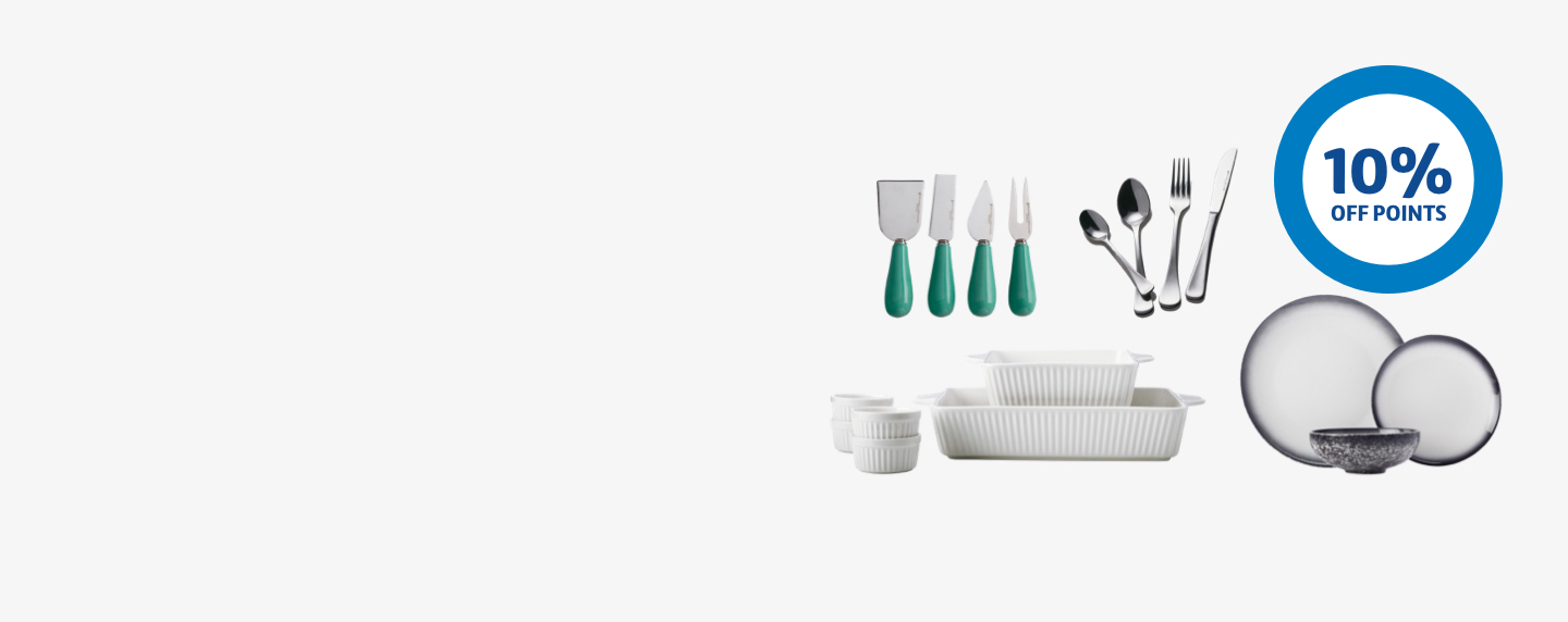 Maxwell & Williams crockery and cutlery next to 10% off points ring